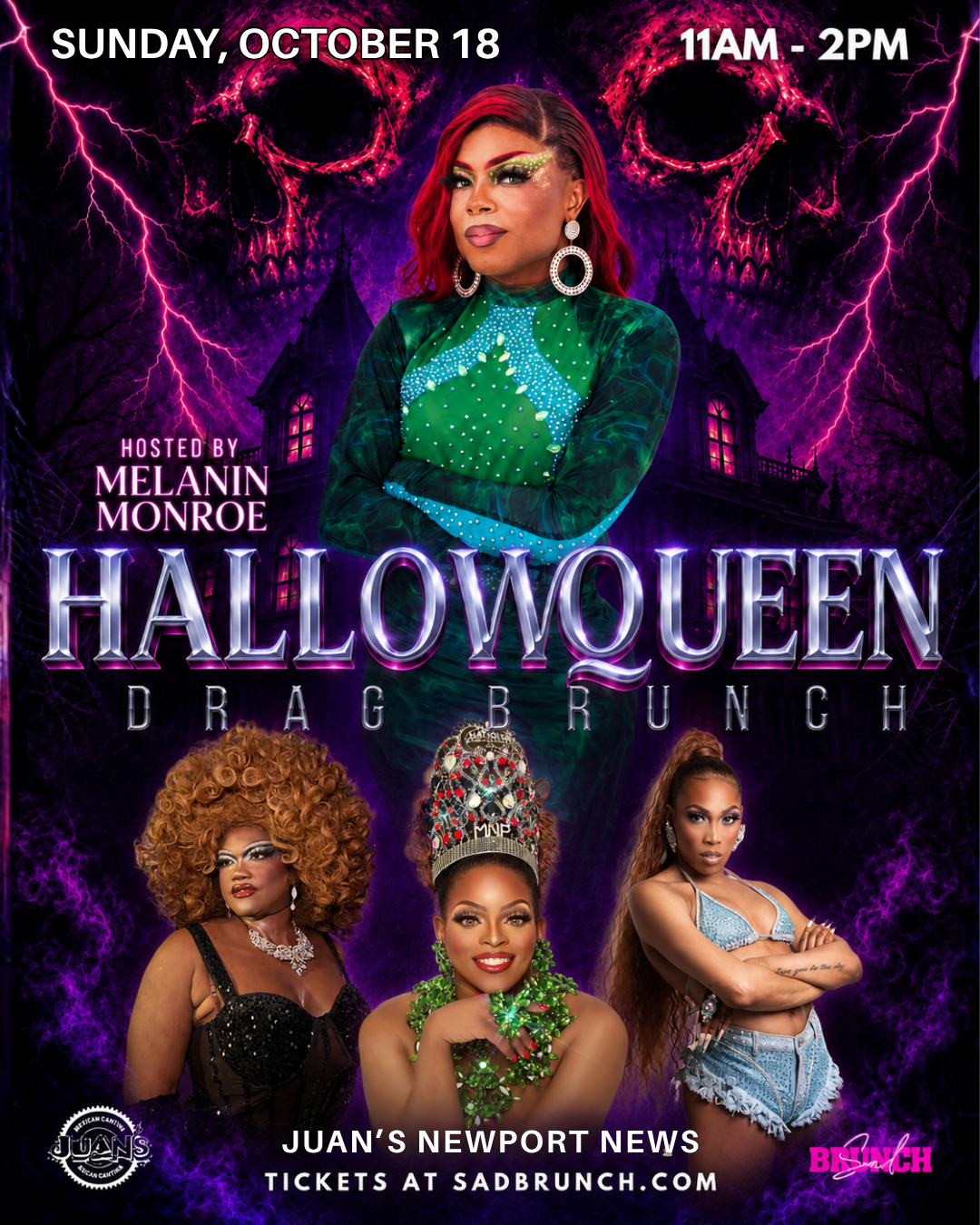 Juan’s Newport News HallowQueen flyer featuring Melanin Monroe and the cast, October 18