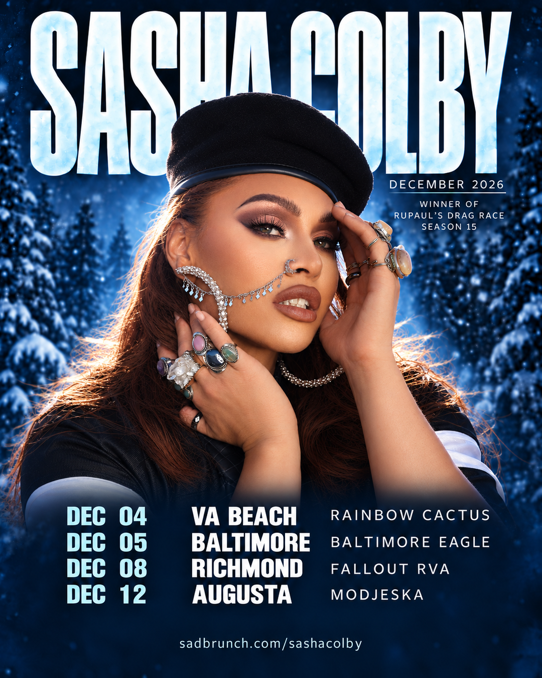 Sasha Colby winter tour poster: December 4 at Rainbow Cactus in Virginia Beach, December 5 at Baltimore Eagle, December 8 at Fallout RVA in Richmond, and December 12 at Modjeska in Augusta.
